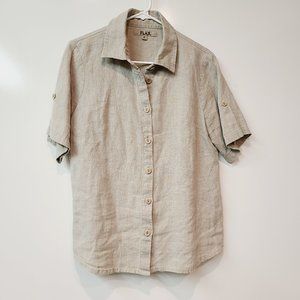 FLAX Linen Tan Short Sleeve Button Down Vacation Shirt Womens Small